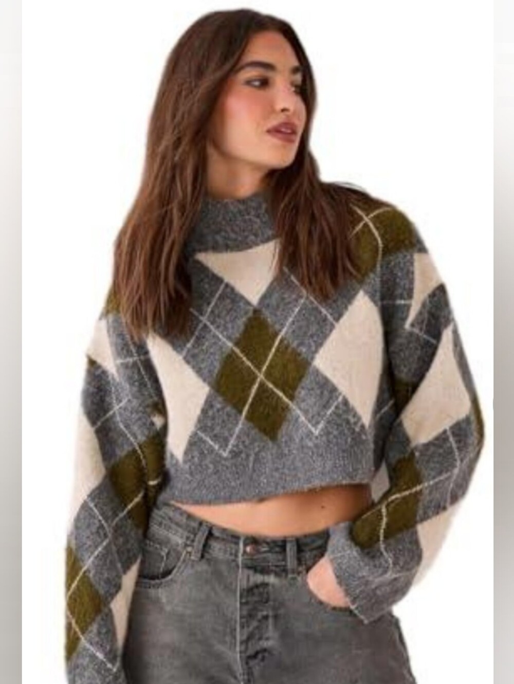Nasty Gal Women's Brushed Argyle Turtleneck Boxy Cropped Jumper Large